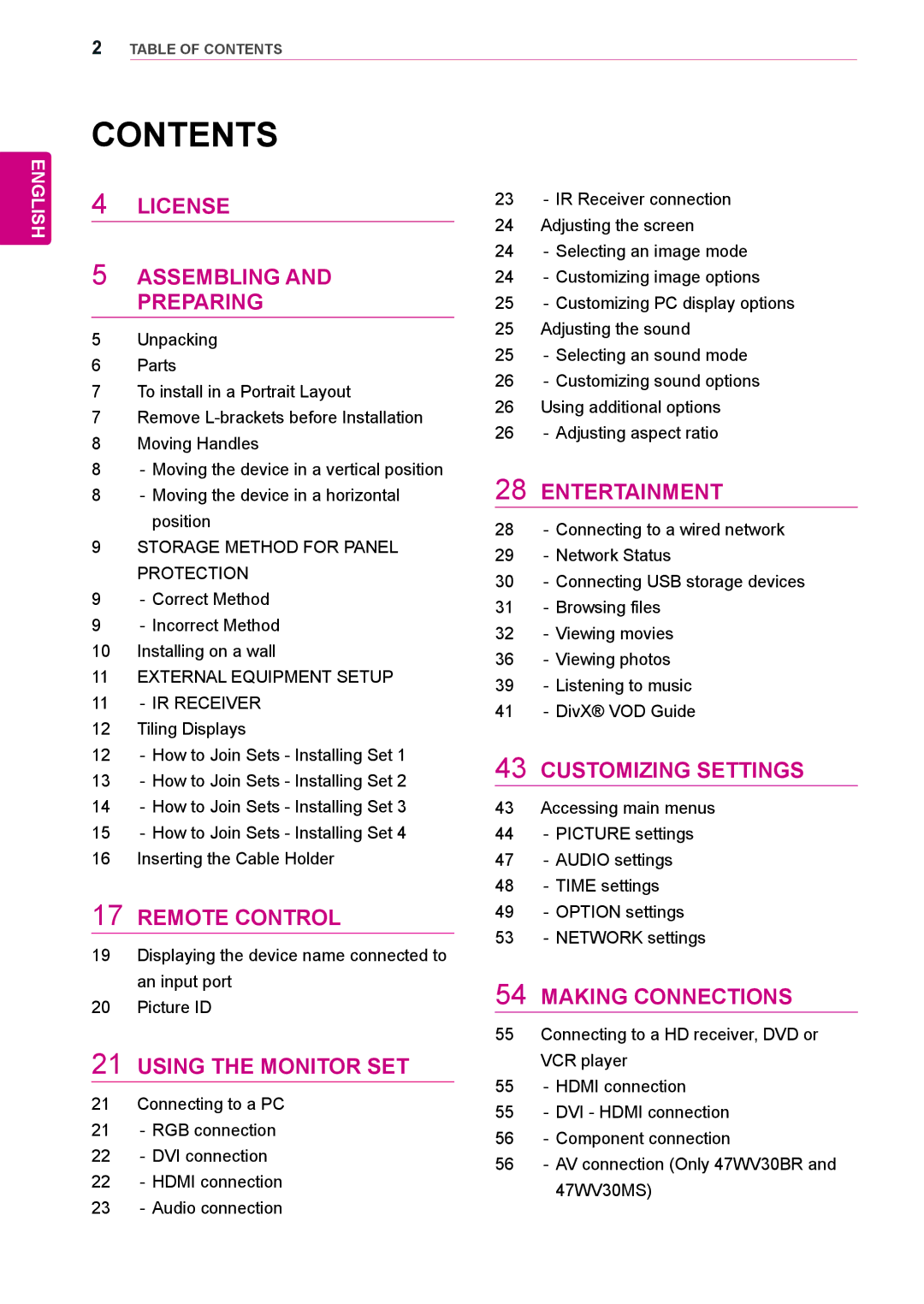 LG Electronics 47WV30-BAAL, 47WV30BS, 47WV30MS, 47WV30BR, 47WV30-BAAM owner manual Contents 