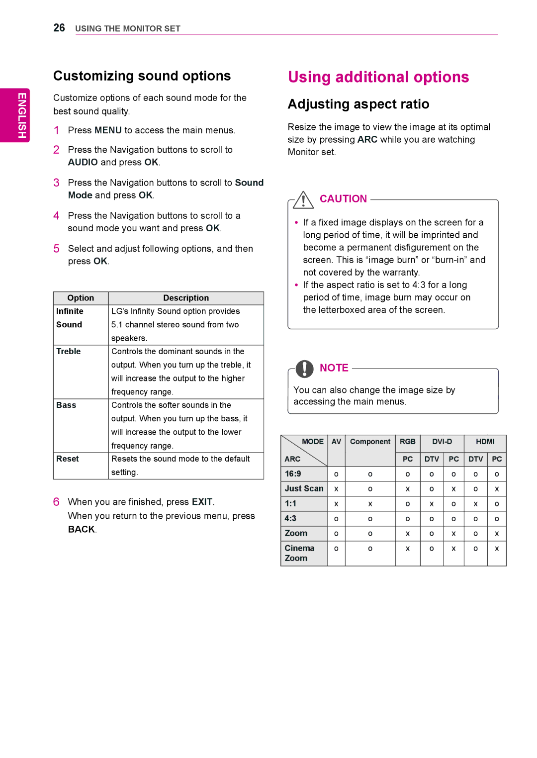 LG Electronics 47WV30MS, 47WV30BS, 47WV30-BAAL Using additional options, Customizing sound options, Adjusting aspect ratio 