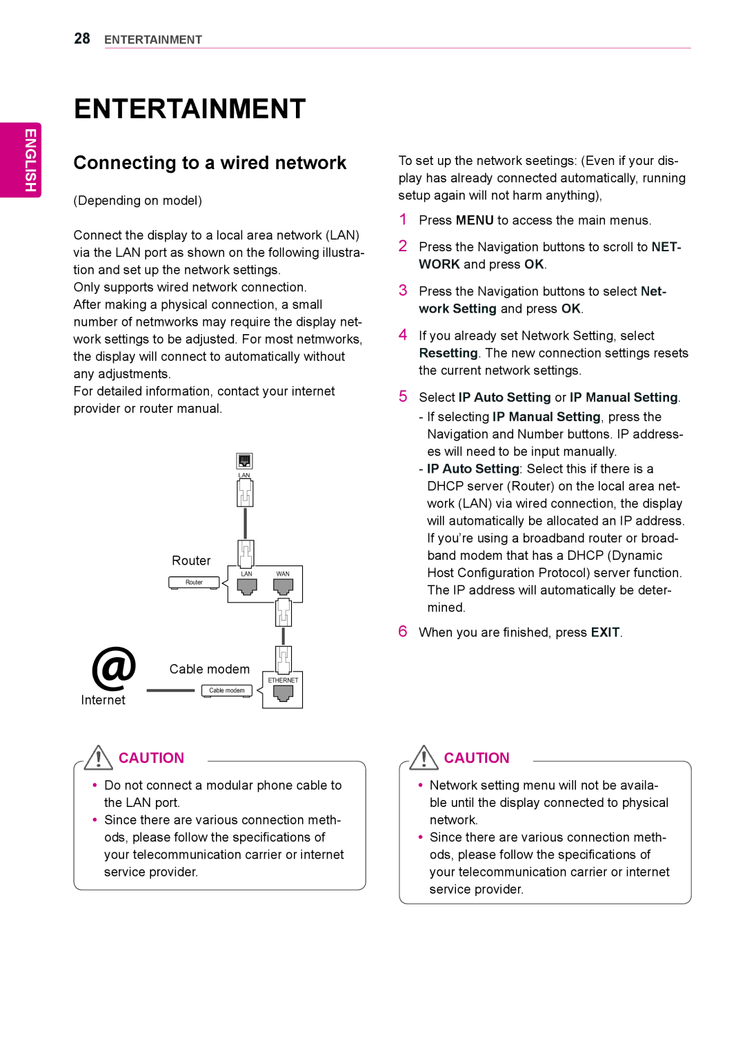 LG Electronics 47WV30BR, 47WV30BS, 47WV30MS, 47WV30-BAAL Entertainment, Connecting to a wired network, Router, Cable modem 