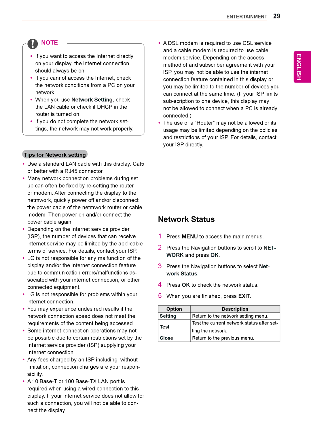 LG Electronics 47WV30-BAAM Network Status, Tips for Network setting, Ting the network, Close Return to the previous menu 