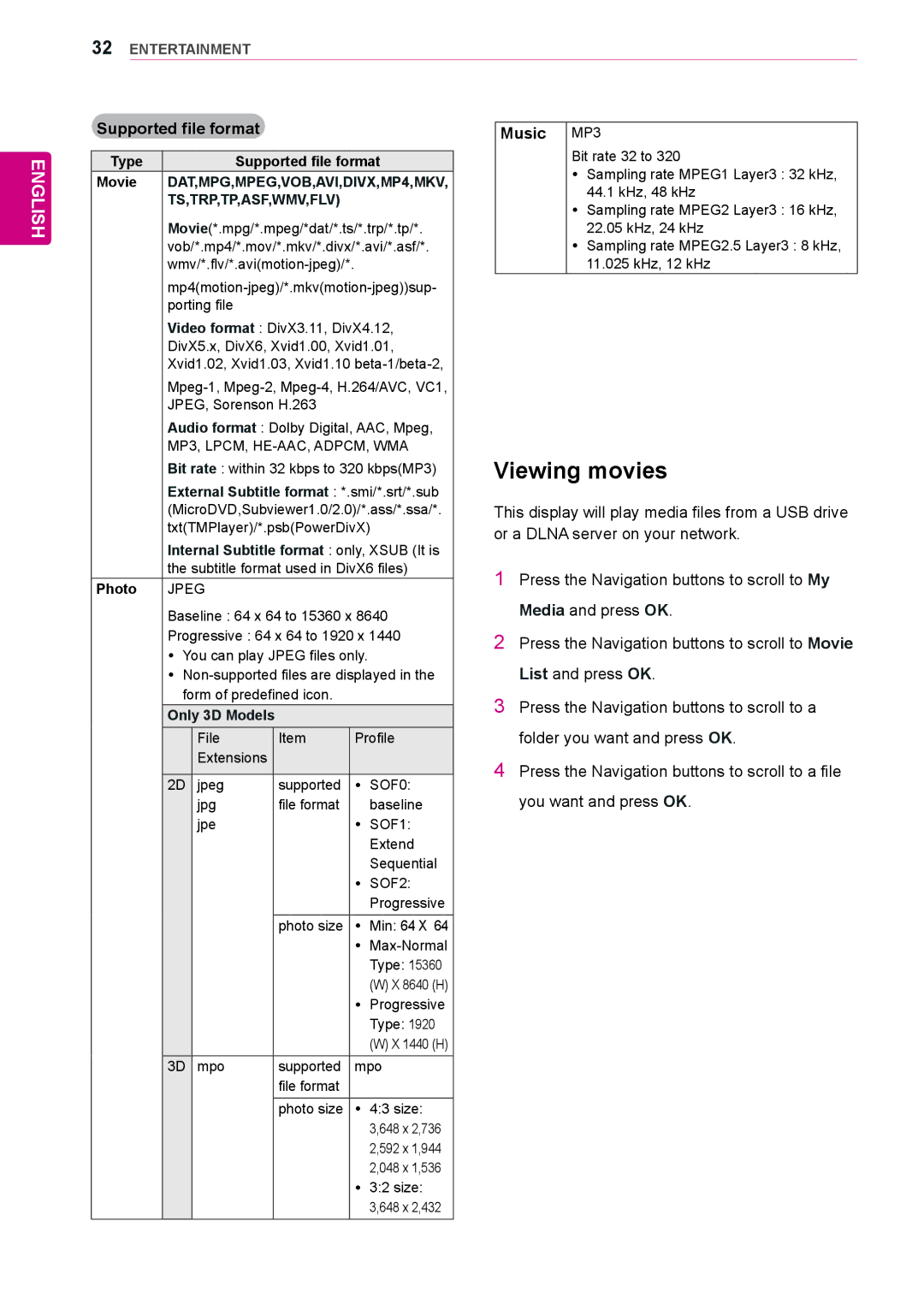 LG Electronics 47WV30-BAAL, 47WV30BS, 47WV30MS Viewing movies, Supported file format, Music MP3, Ts,Trp,Tp,Asf,Wmv,Flv 