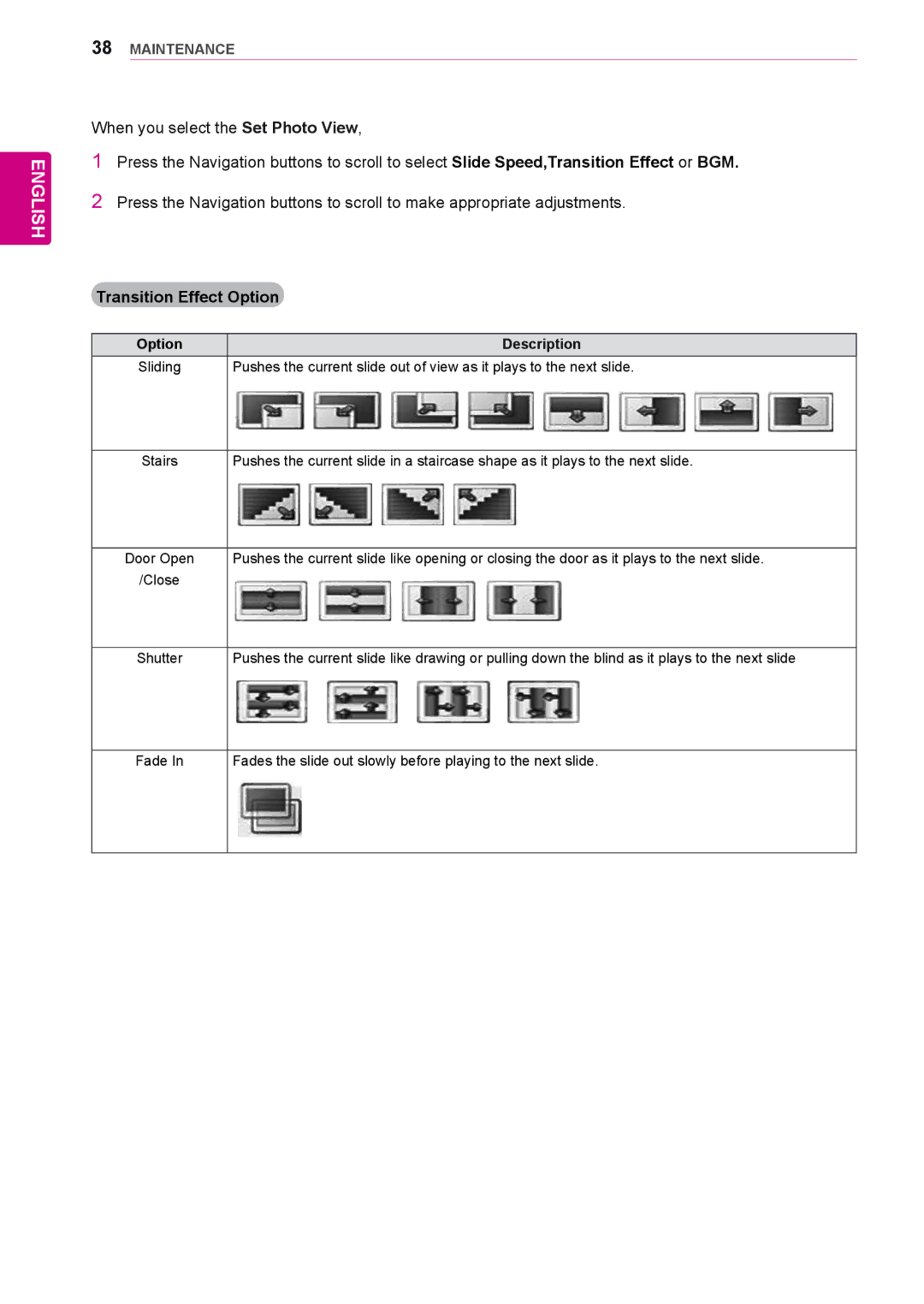 LG Electronics 47WV30BR, 47WV30BS, 47WV30MS, 47WV30-BAAL, 47WV30-BAAM owner manual Transition Effect Option 