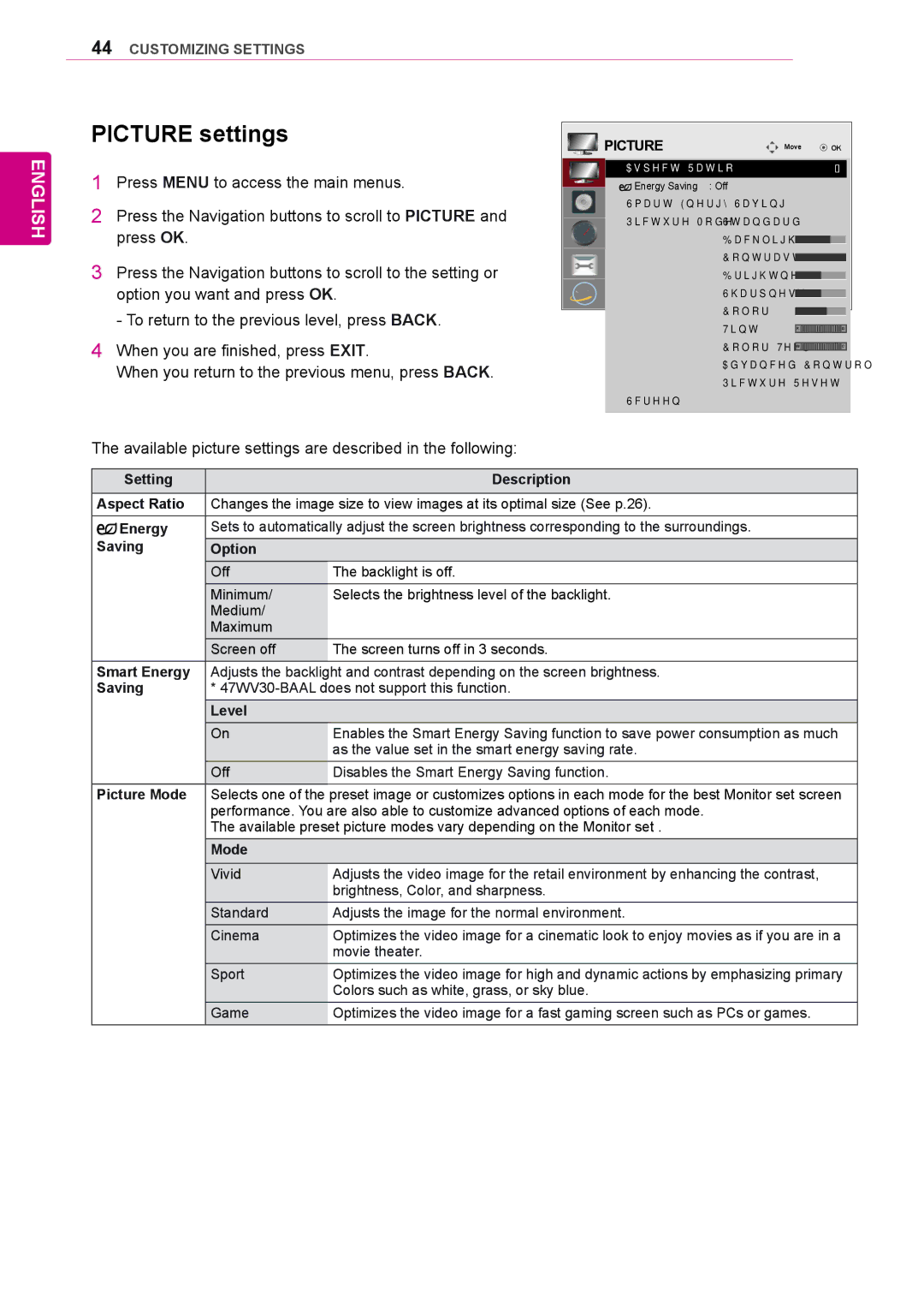 LG Electronics 47WV30-BAAM, 47WV30BS, 47WV30MS, 47WV30-BAAL, 47WV30BR owner manual Picture settings 