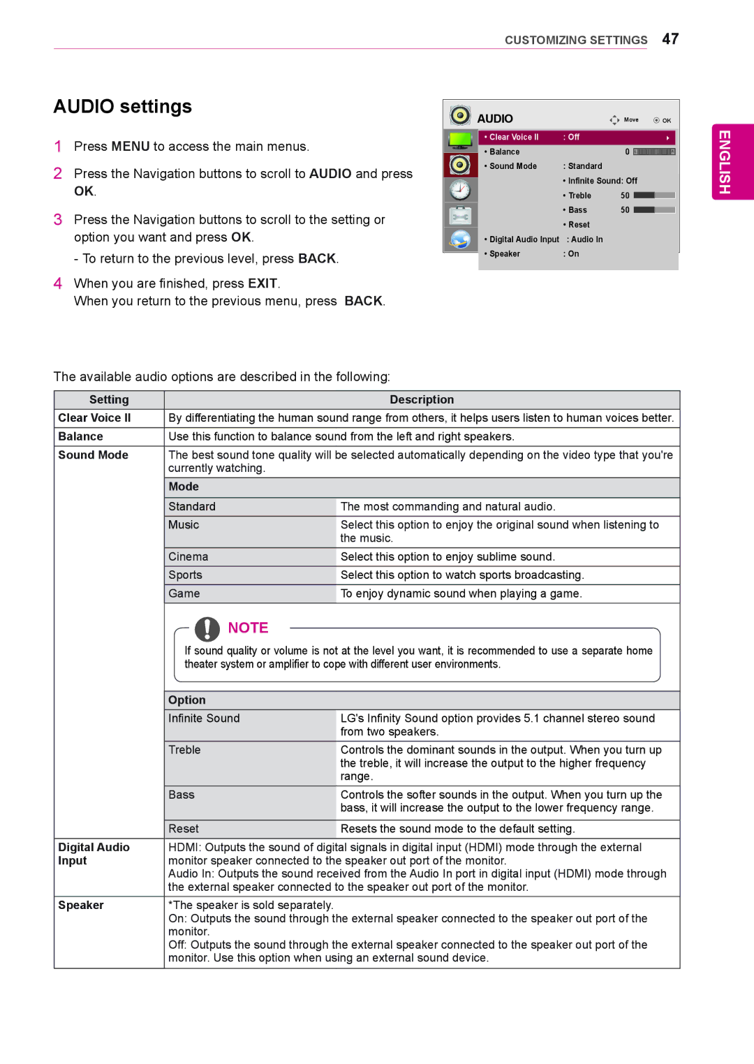 LG Electronics 47WV30-BAAL, 47WV30BS, 47WV30MS Audio settings, Available audio options are described in the following 