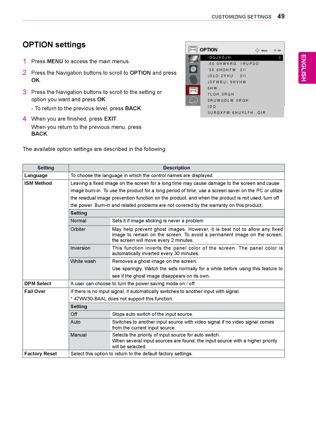 LG Electronics 47WV30-BAAM, 47WV30BS, 47WV30MS, 47WV30-BAAL, 47WV30BR owner manual Option settings 