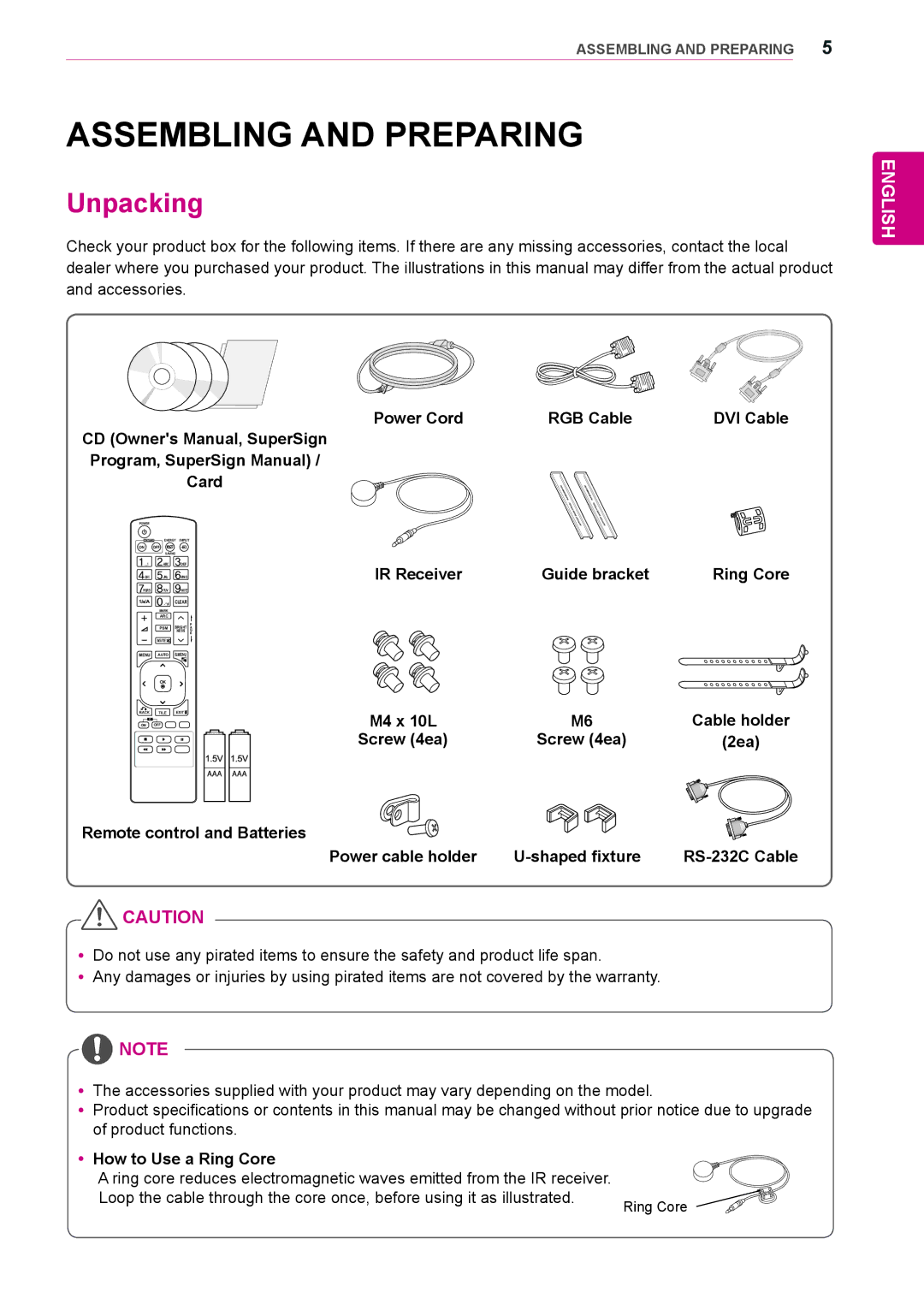 LG Electronics 47WV30BS, 47WV30MS Assembling and Preparing, Unpacking, IR Receiver Guide bracket Ring Core, Cable holder 