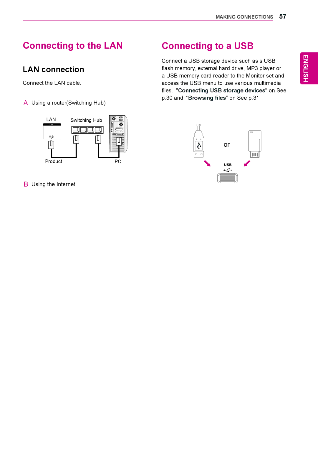 LG Electronics 47WV30-BAAL, 47WV30BS Connecting to the LAN Connecting to a USB, LAN connection, Using the Internet 