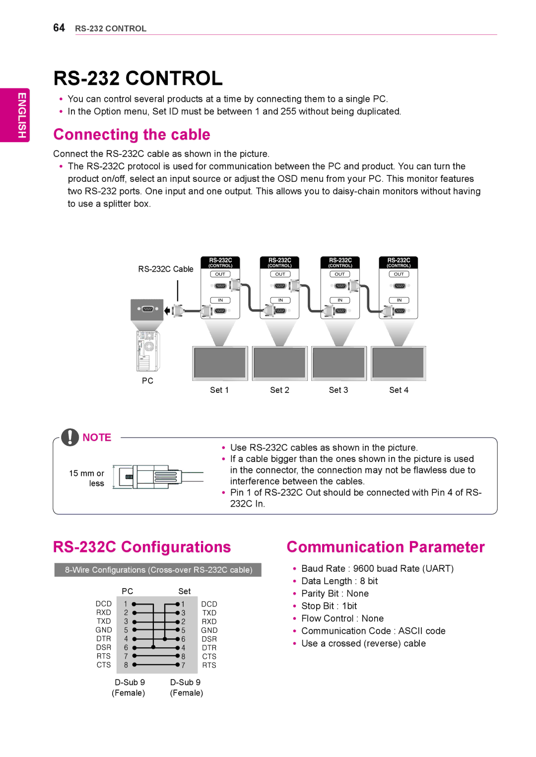 LG Electronics 47WV30-BAAM, 47WV30BS RS-232 Control, Connecting the cable, RS-232C Configurations, Communication Parameter 