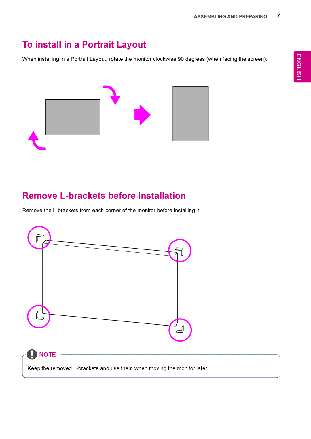 LG Electronics 47WV30-BAAL, 47WV30BS, 47WV30MS To install in a Portrait Layout, Remove L-brackets before Installation 