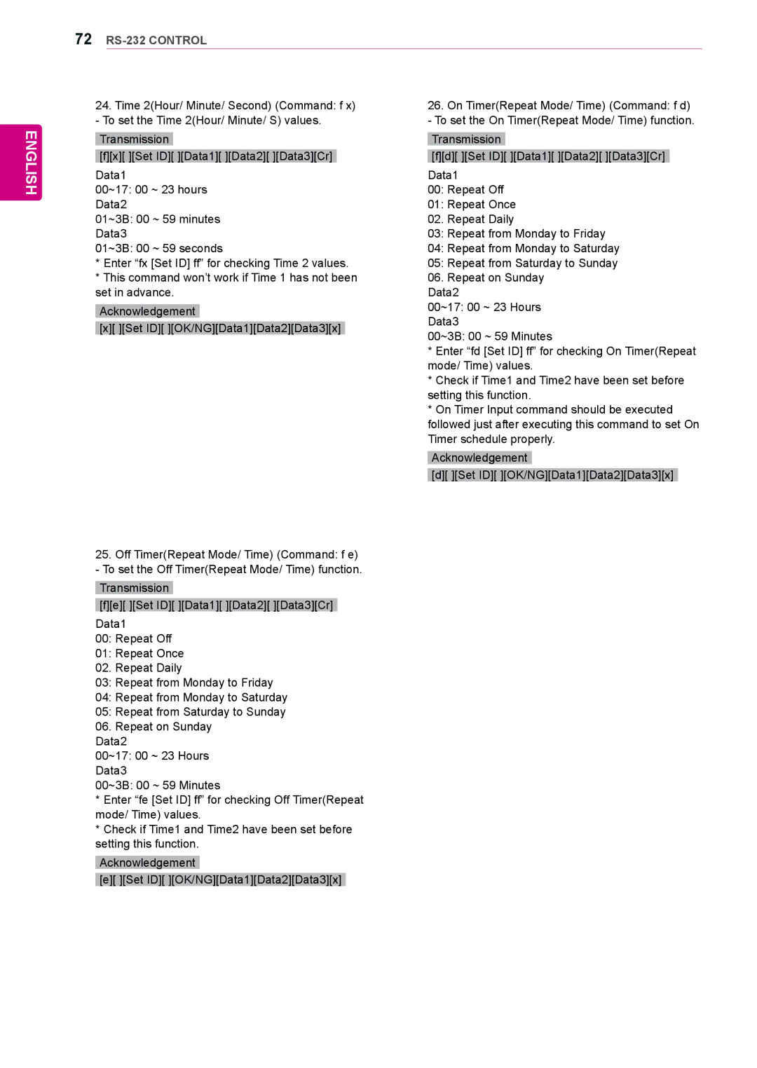 LG Electronics 47WV30-BAAL, 47WV30BS, 47WV30MS, 47WV30BR, 47WV30-BAAM owner manual 72 RS-232 Control 