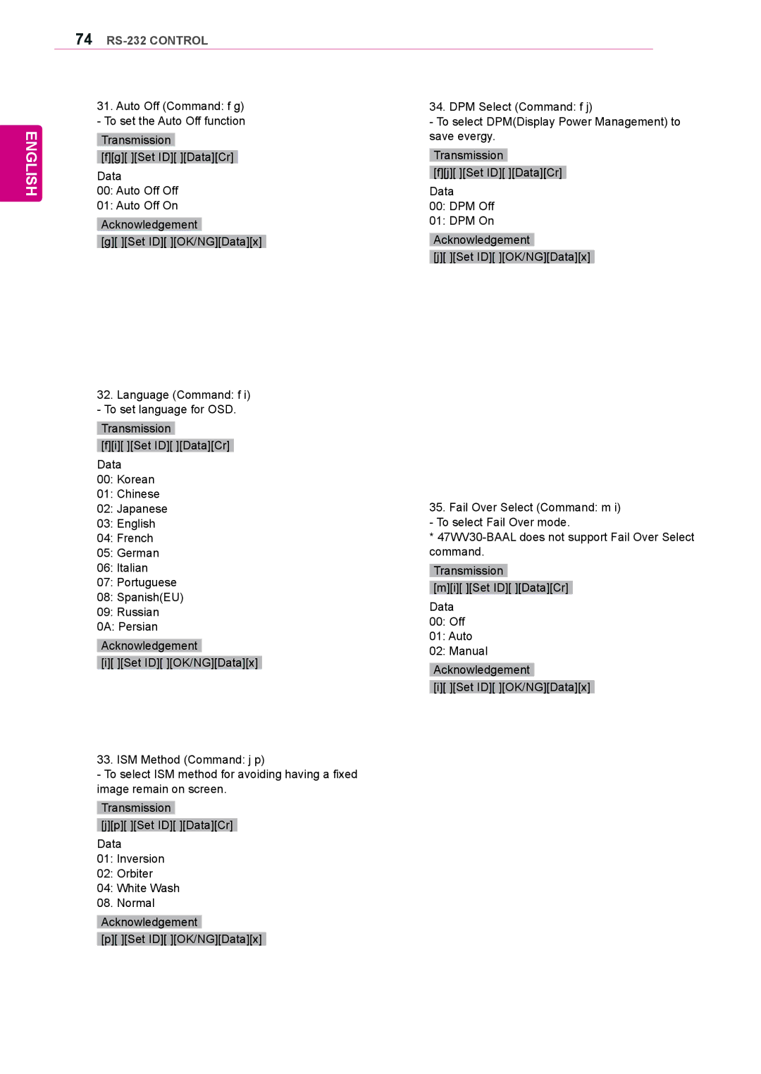 LG Electronics 47WV30-BAAM, 47WV30BS, 47WV30MS, 47WV30-BAAL, 47WV30BR owner manual 74 RS-232 Control 