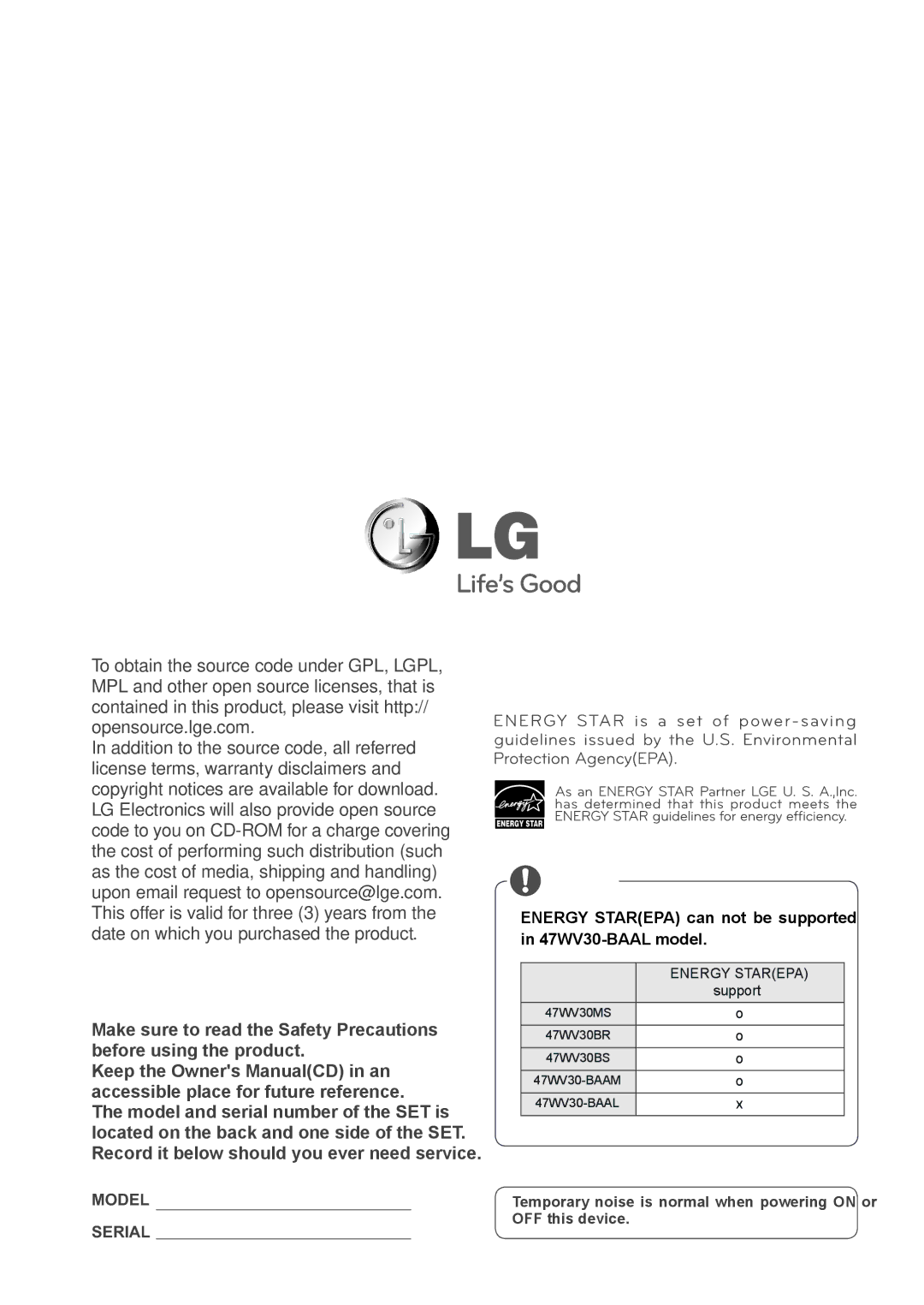 LG Electronics 47WV30BS, 47WV30MS, 47WV30BR YyENERGY Starepa can not be supported in 47WV30-BAAL model, Energy Starepa 