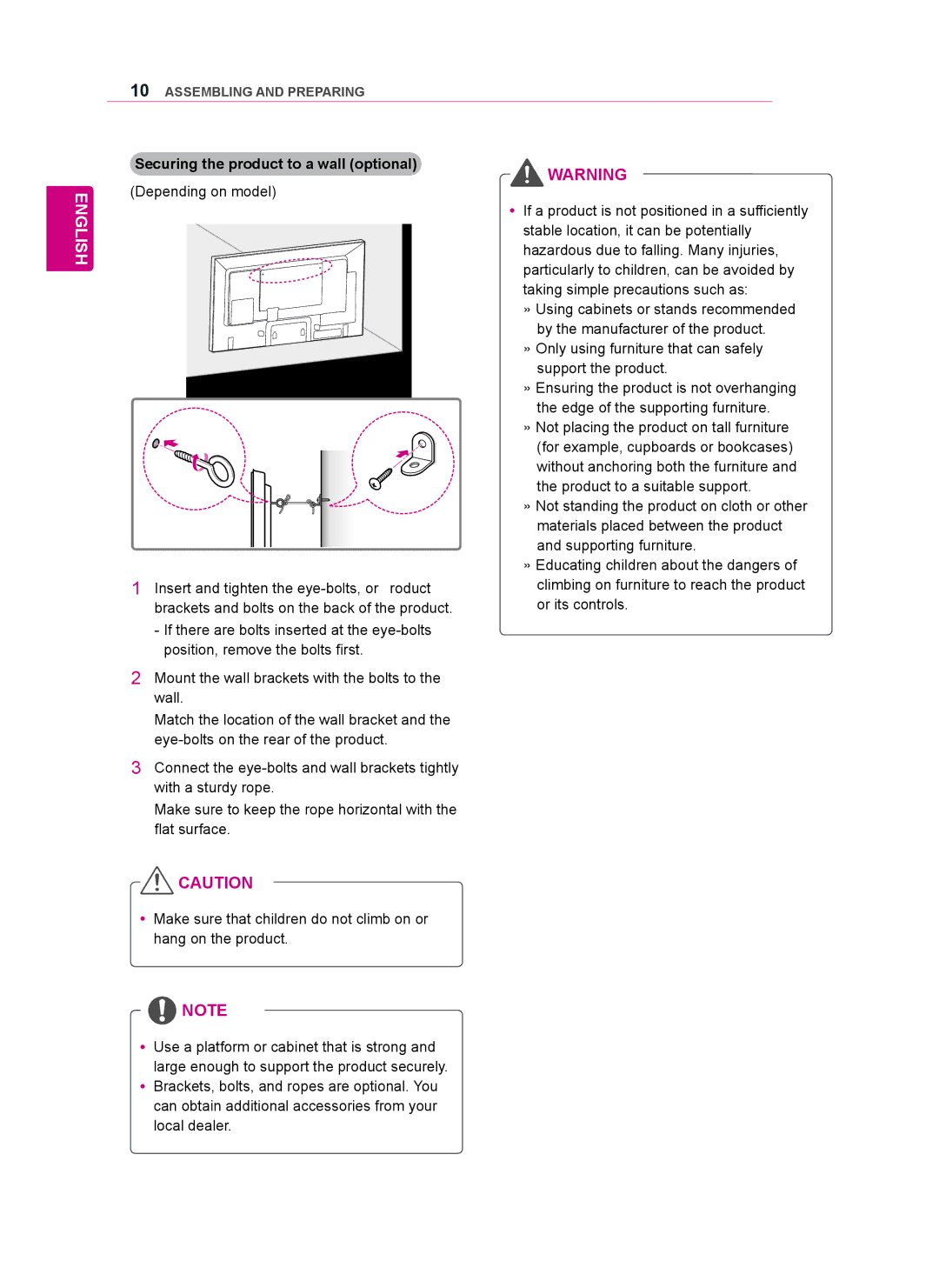 LG Electronics 47WV50BS, 47WV50MS, 47WV50BR owner manual Securing the product to a wall optional 