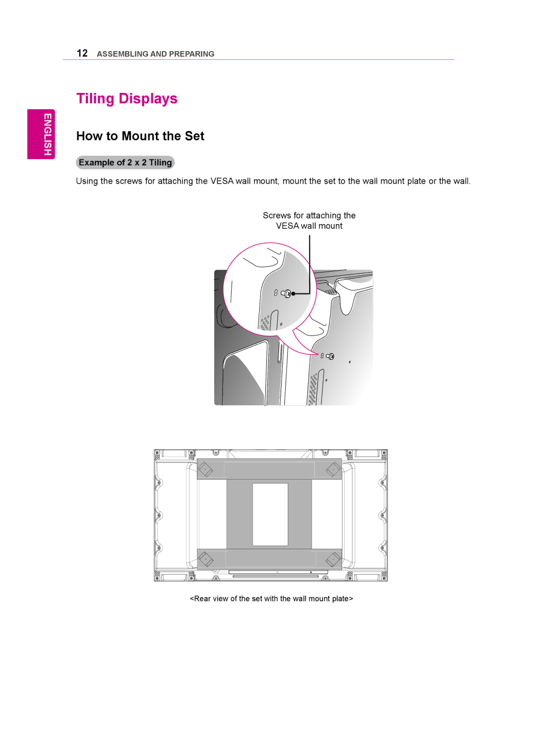 LG Electronics 47WV50MS, 47WV50BS, 47WV50BR owner manual Tiling Displays, How to Mount the Set, Example of 2 x 2 Tiling 