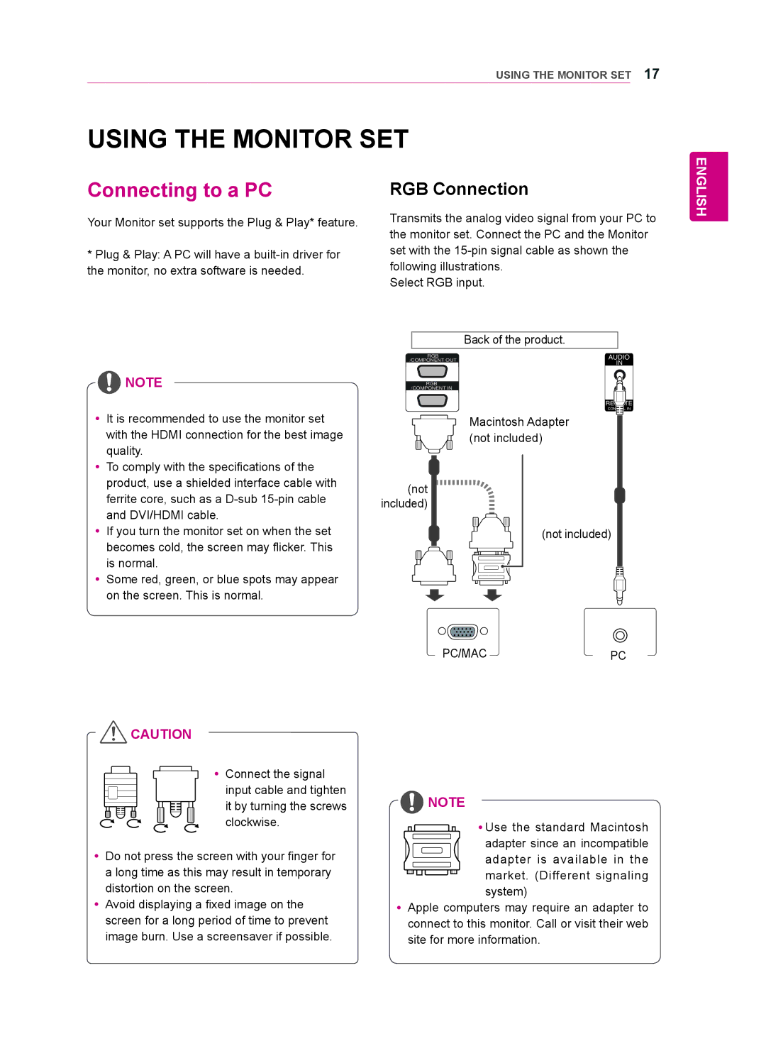 LG Electronics 47WV50BR, 47WV50MS, 47WV50BS owner manual Using the Monitor SET, Connecting to a PC, RGB Connection 