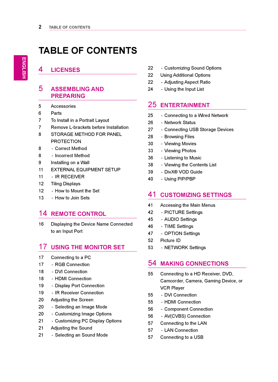 LG Electronics 47WV50BR, 47WV50MS, 47WV50BS owner manual Table of Contents 