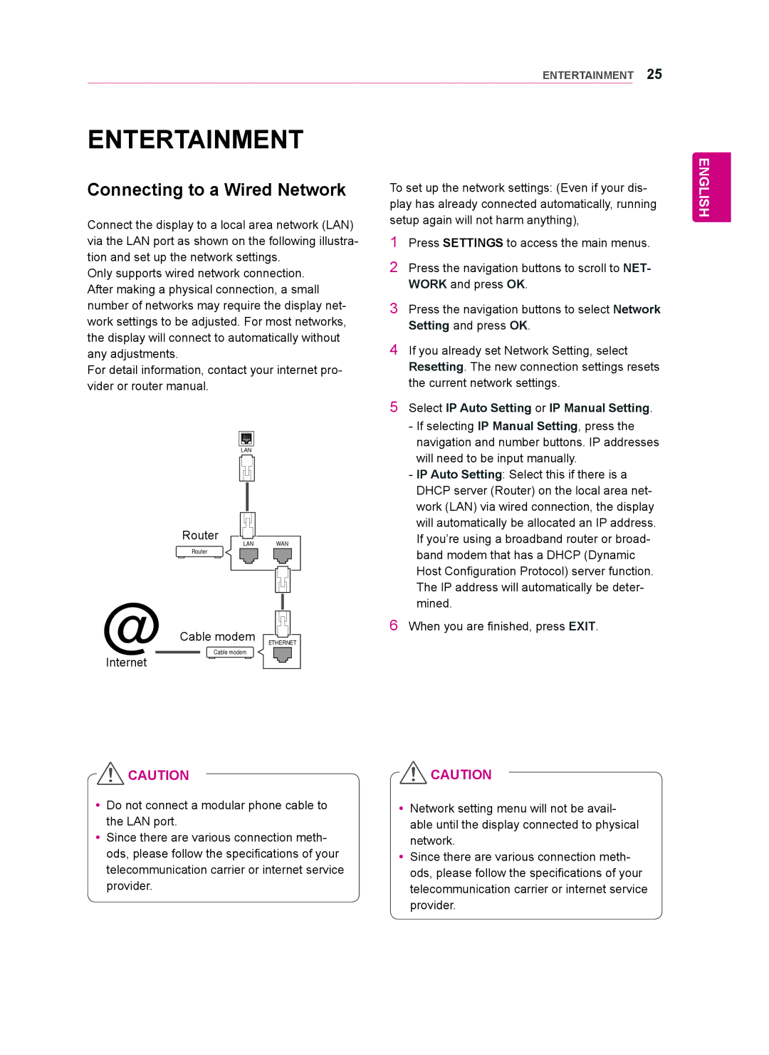 LG Electronics 47WV50BS Entertainment, Connecting to a Wired Network, Select IP Auto Setting or IP Manual Setting 