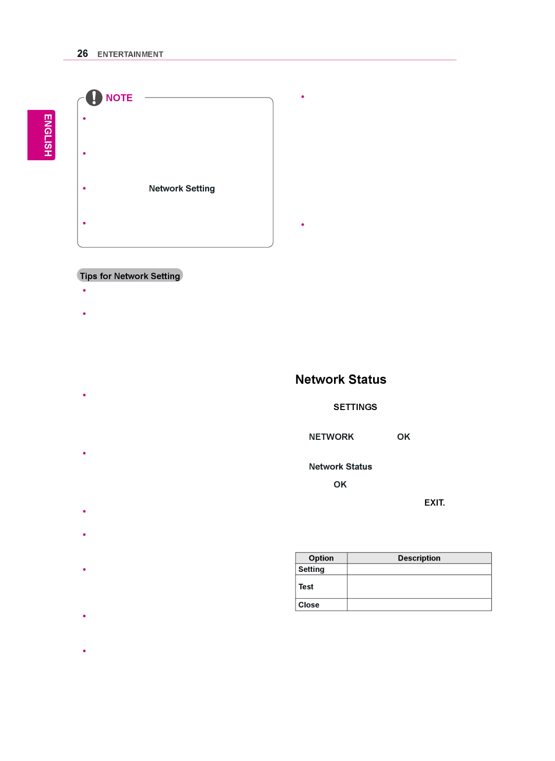 LG Electronics 47WV50BR Network Status, Tips for Network Setting, Ting the network, Close Return to the previous menu 