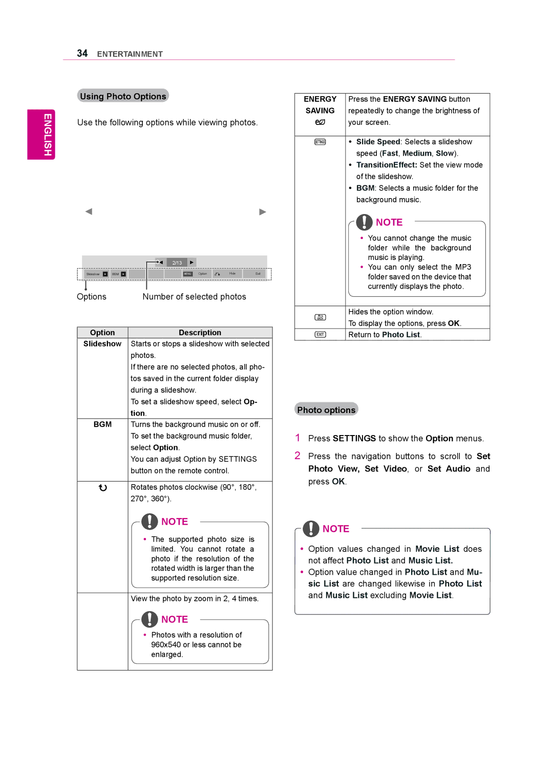 LG Electronics 47WV50BS, 47WV50MS, 47WV50BR owner manual Using Photo Options, Photo options, Option Description, Tion 