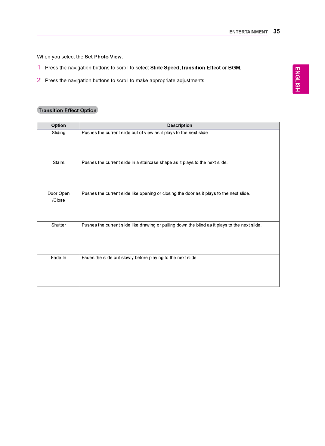 LG Electronics 47WV50BR, 47WV50MS, 47WV50BS owner manual Transition Effect Option 