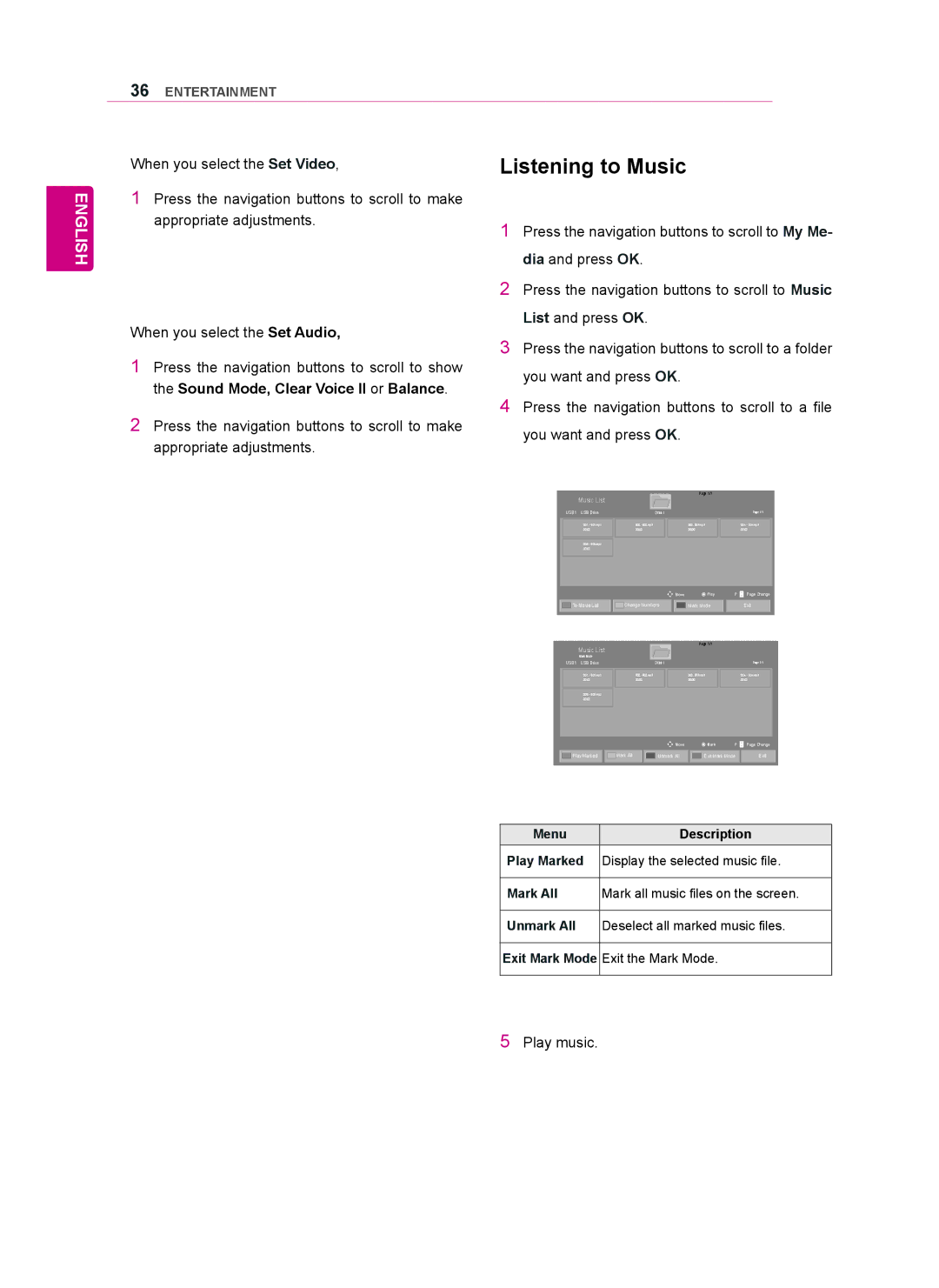 LG Electronics 47WV50MS, 47WV50BS, 47WV50BR owner manual Listening to Music, Music List 