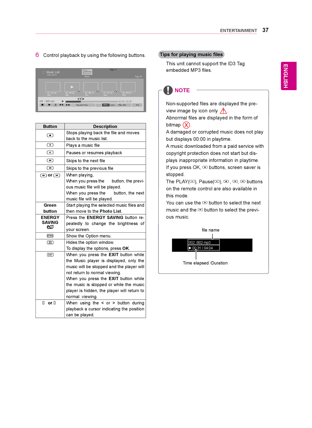 LG Electronics 47WV50BS, 47WV50MS, 47WV50BR Control playback by using the following buttons, Tips for playing music files 