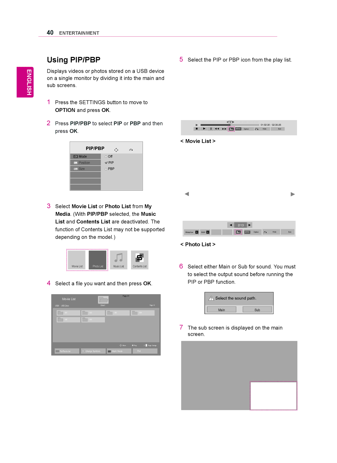 LG Electronics 47WV50BS, 47WV50MS, 47WV50BR owner manual Using PIP/PBP, Movie List, Photo List 