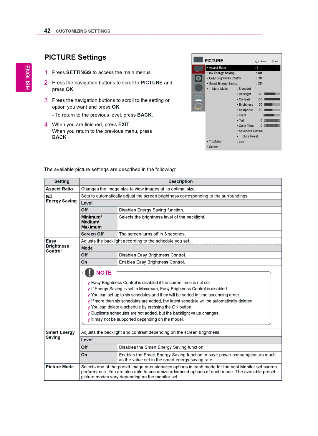 LG Electronics 47WV50MS, 47WV50BS, 47WV50BR owner manual Picture Settings, Smart Energy, Saving, Picture Mode 