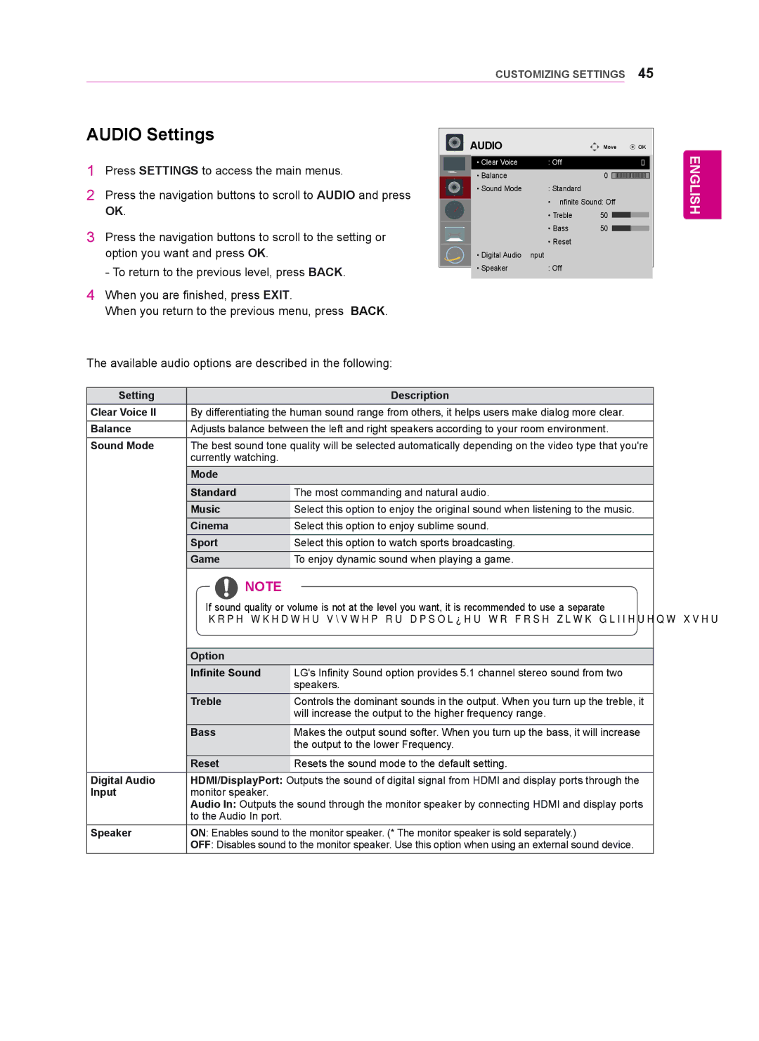 LG Electronics 47WV50MS, 47WV50BS, 47WV50BR owner manual Audio Settings, Option Infinite Sound 