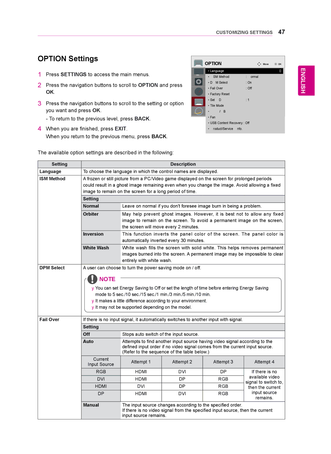 LG Electronics 47WV50BR, 47WV50MS, 47WV50BS owner manual Option Settings 