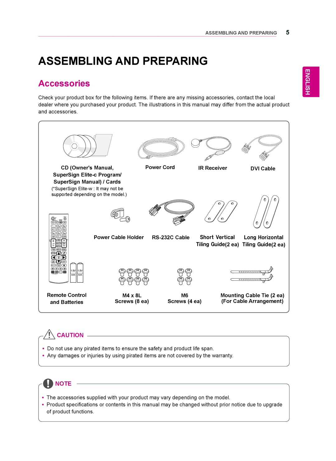 LG Electronics 47WV50BR, 47WV50MS, 47WV50BS owner manual Assembling and Preparing, Accessories 