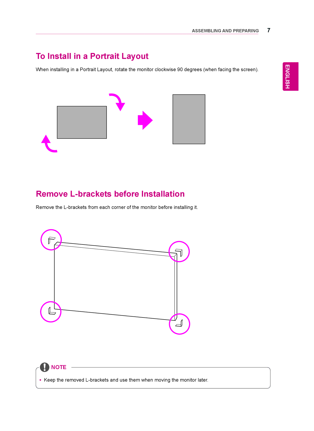 LG Electronics 47WV50BS, 47WV50MS, 47WV50BR To Install in a Portrait Layout, Remove L-brackets before Installation 