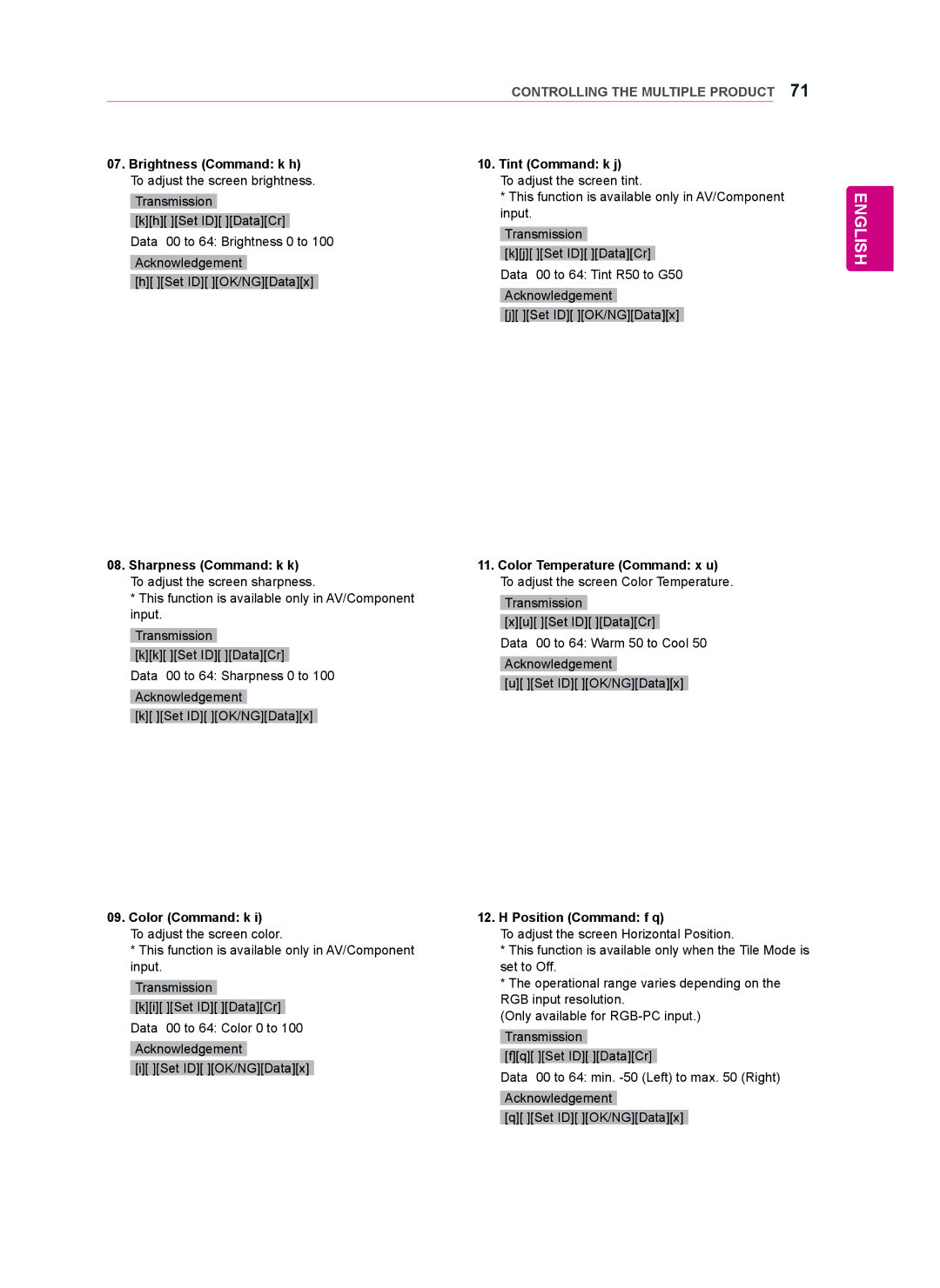 LG Electronics 47WV50BR, 47WV50MS, 47WV50BS owner manual Brightness Command k h Tint Command k j, Sharpness Command k k 