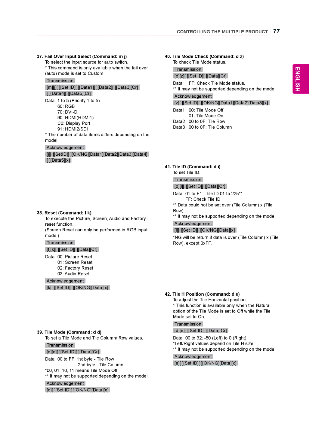 LG Electronics 47WV50BR, 47WV50MS, 47WV50BS owner manual Tile ID Command d, Reset Command f k, Tile Mode Command d d 