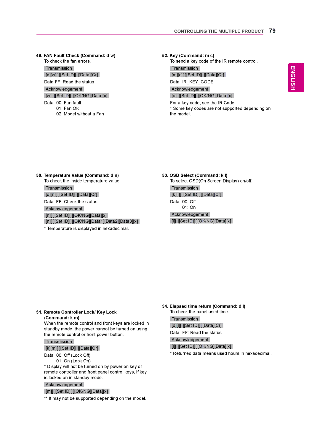 LG Electronics 47WV50BS FAN Fault Check Command d w Key Command m c, Temperature Value Command d n OSD Select Command k l 