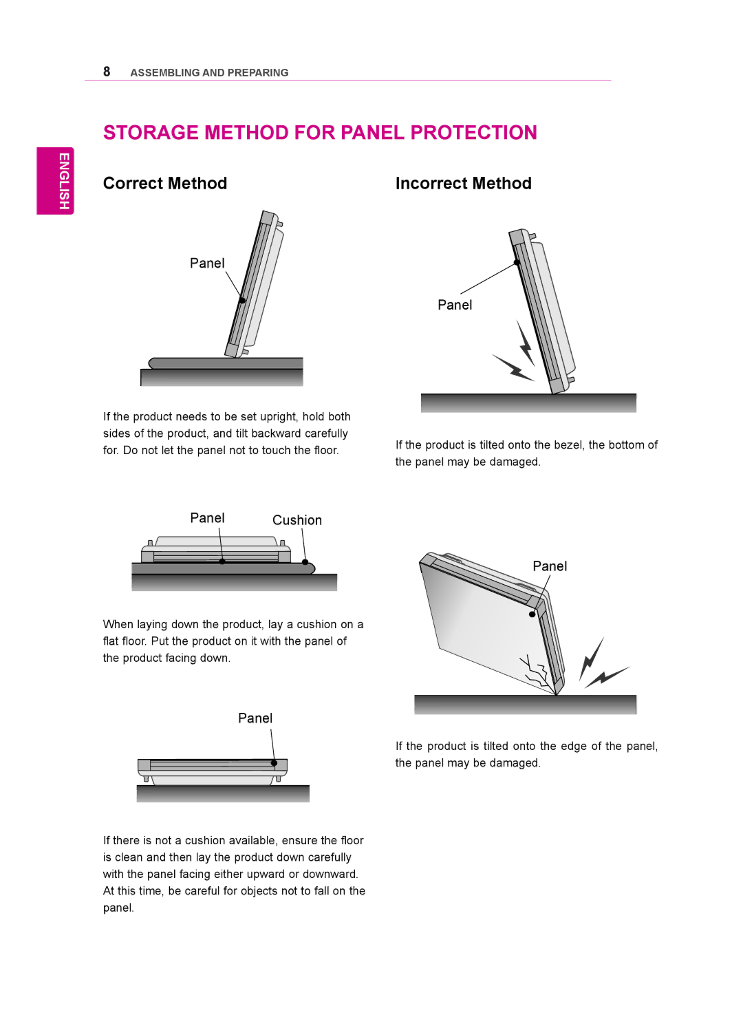 LG Electronics 47WV50BR, 47WV50MS, 47WV50BS owner manual Storage Method for Panel Protection, Correct Method Incorrect Method 