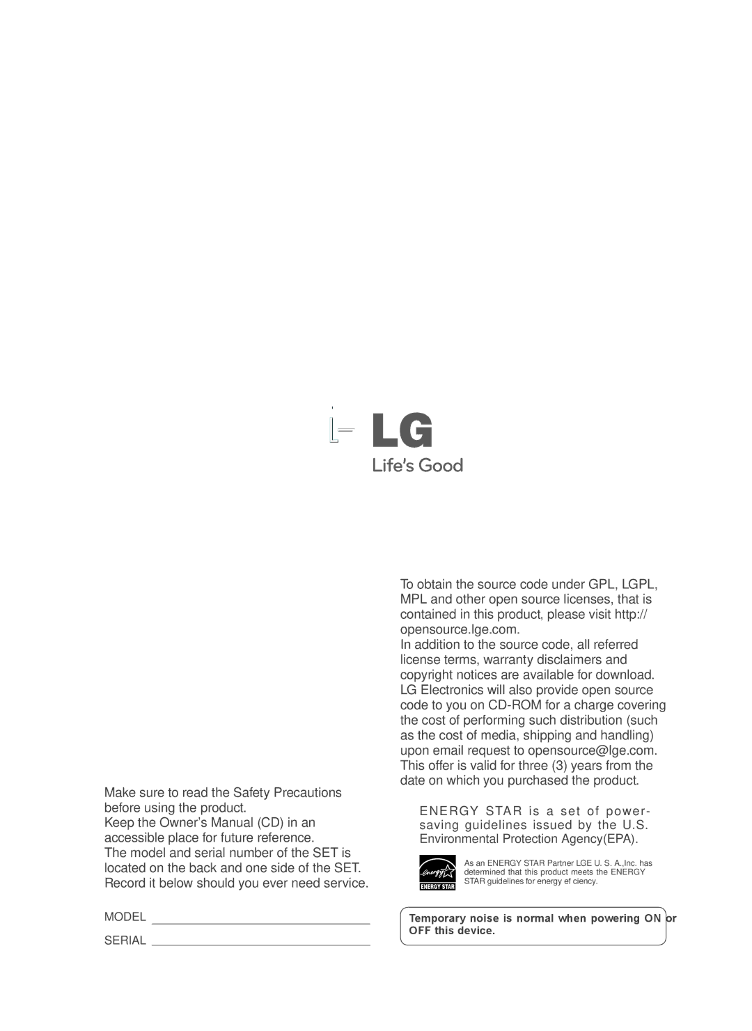 LG Electronics 47WV50MS, 47WV50BS, 47WV50BR owner manual Model 