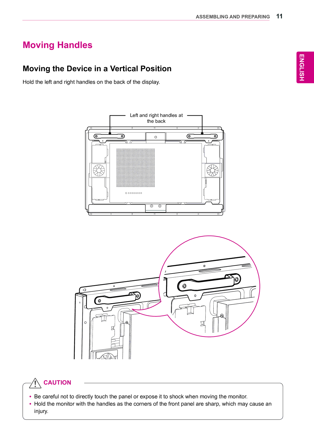 LG Electronics 47WX50MF owner manual Moving Handles, Moving the Device in a Vertical Position 