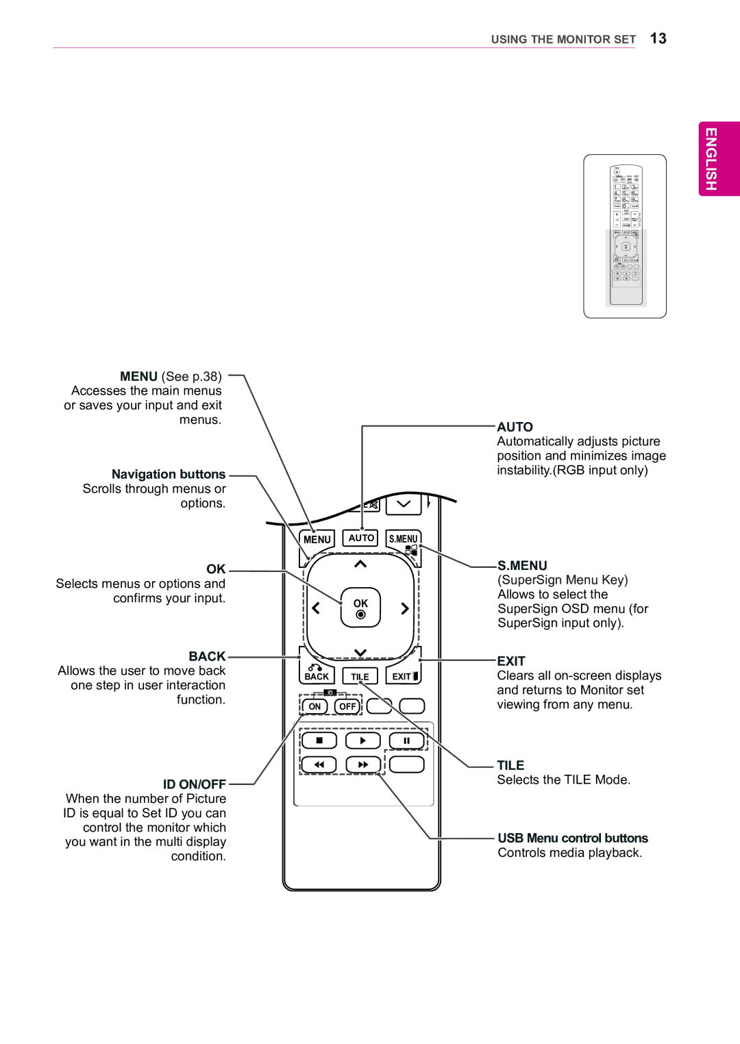 LG Electronics 47WX50MF owner manual Navigation buttons Scrolls through menus or, Using the Monitor SET 