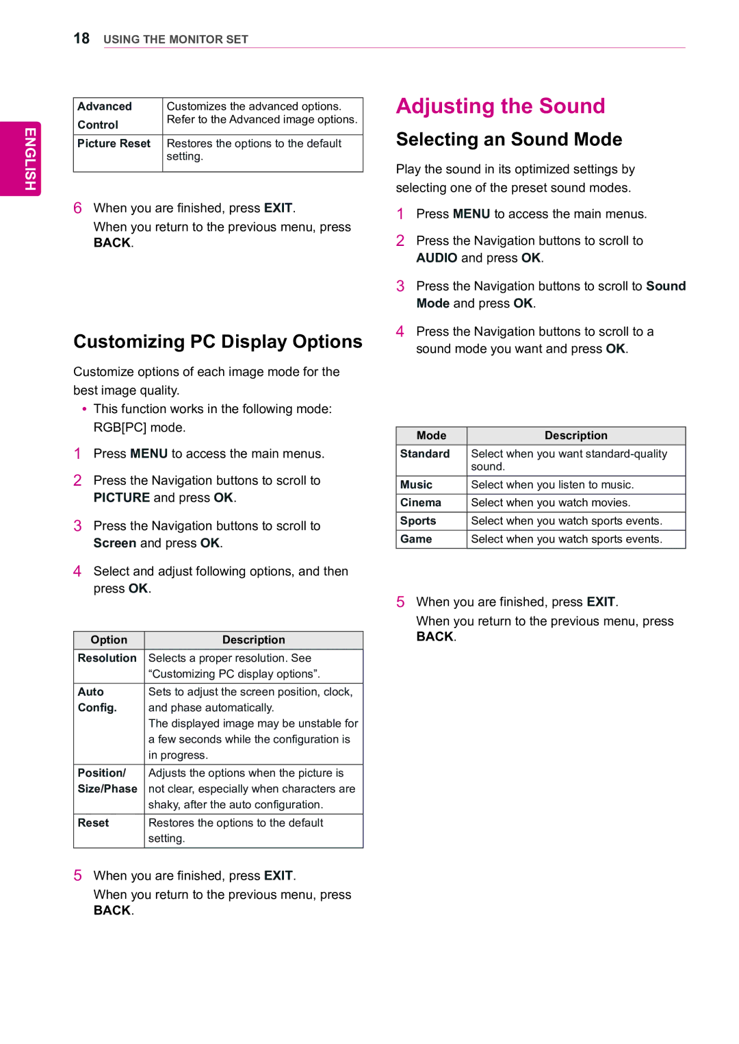 LG Electronics 47WX50MF owner manual Adjusting the Sound, Customizing PC Display Options, Selecting an Sound Mode 