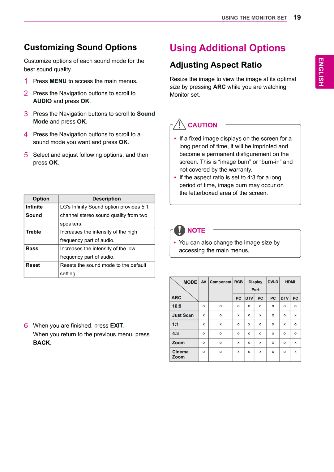 LG Electronics 47WX50MF owner manual Using Additional Options, Customizing Sound Options, Adjusting Aspect Ratio 