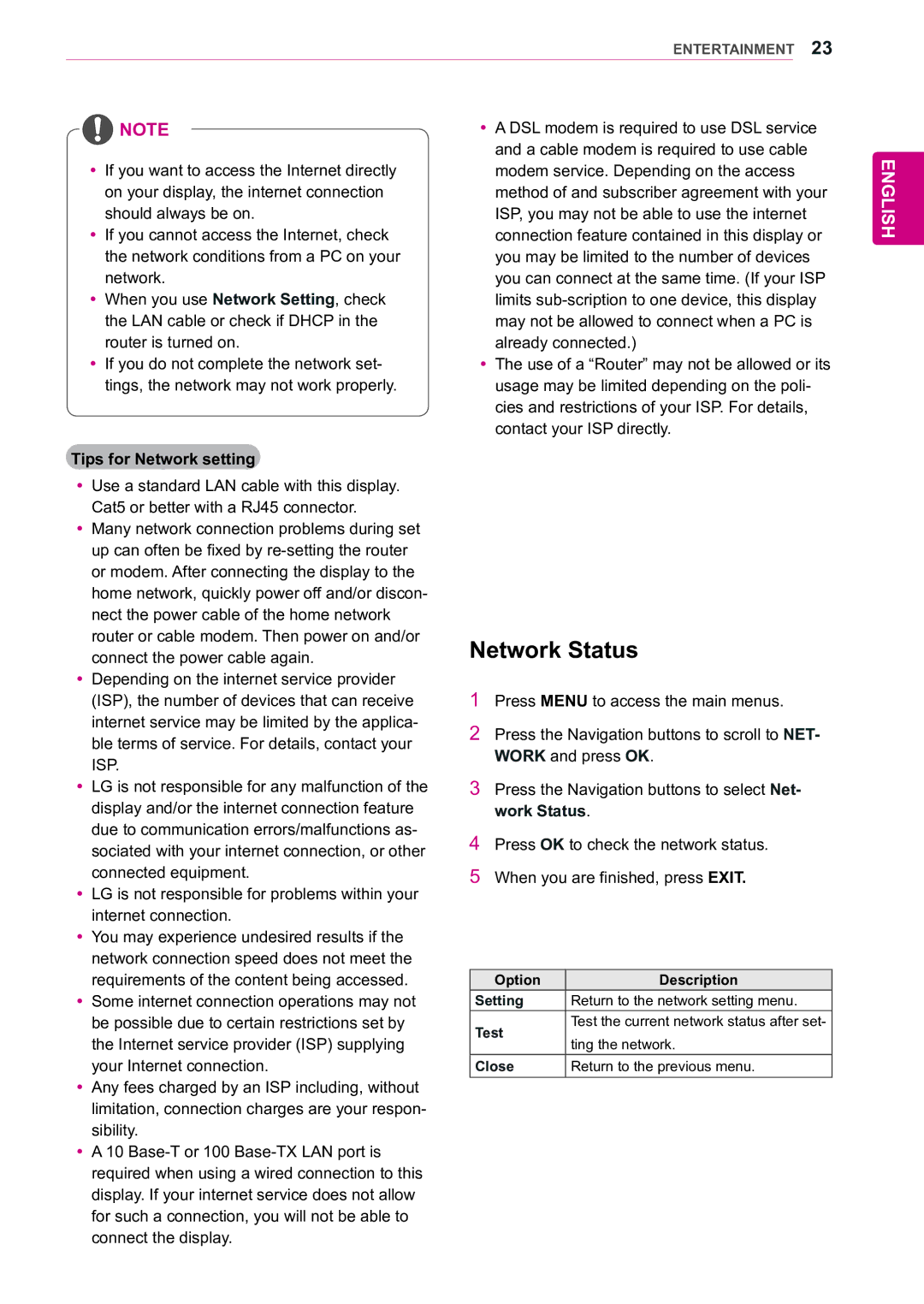 LG Electronics 47WX50MF Network Status, Tips for Network setting, Ting the network, Close Return to the previous menu 