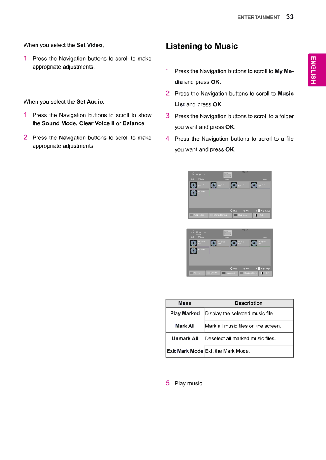 LG Electronics 47WX50MF owner manual Listening to Music, Sound Mode, Clear Voice II or Balance 