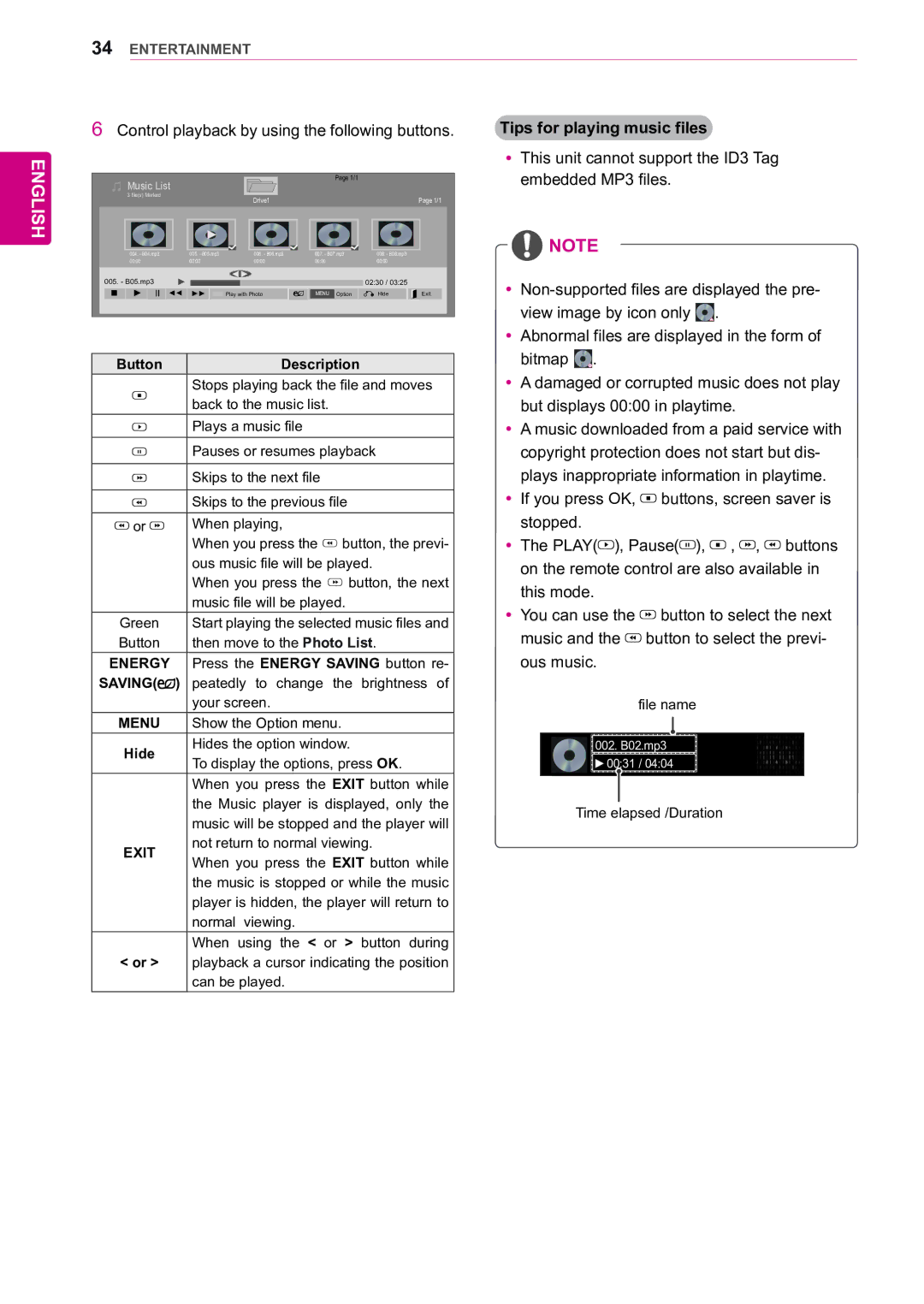 LG Electronics 47WX50MF owner manual Control playback by using the following buttons, Music List 