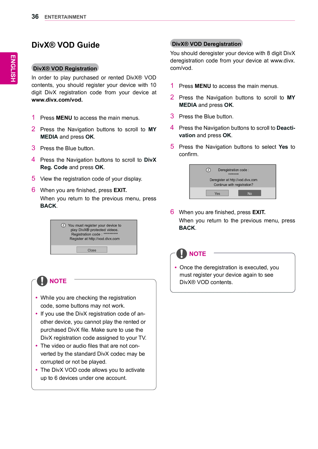 LG Electronics 47WX50MF owner manual DivX VOD Guide, DivX VOD Registration, DivX VOD Deregistration 