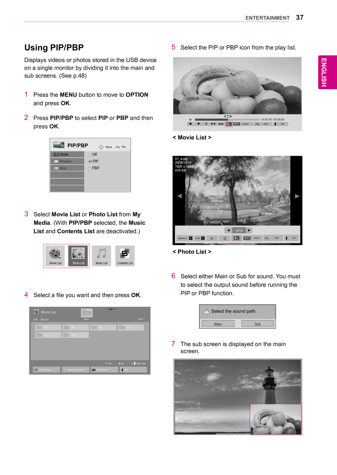 LG Electronics 47WX50MF owner manual Using PIP/PBP, Movie List, Photo List, Pip/Pbp 