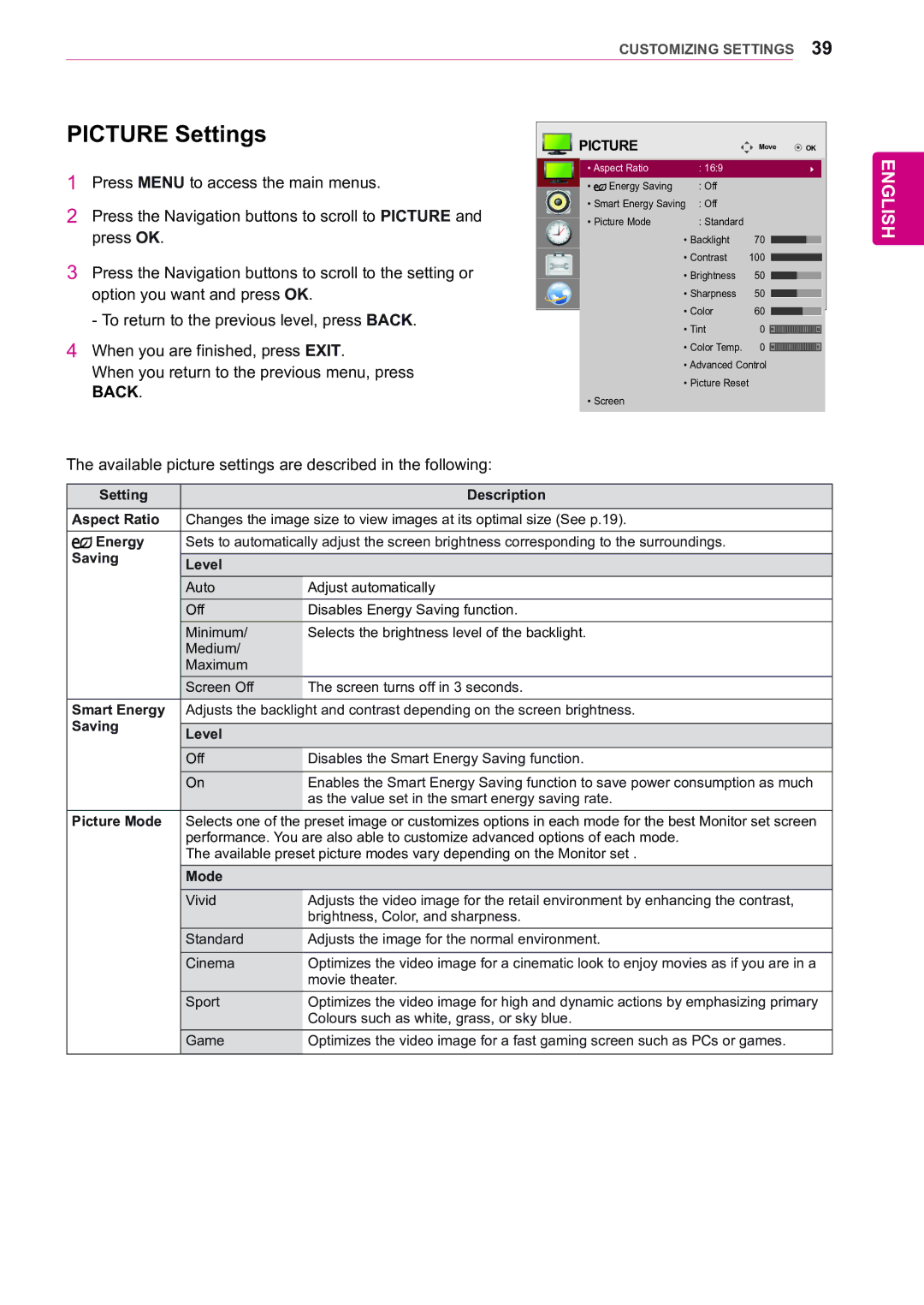 LG Electronics 47WX50MF owner manual Picture Settings 