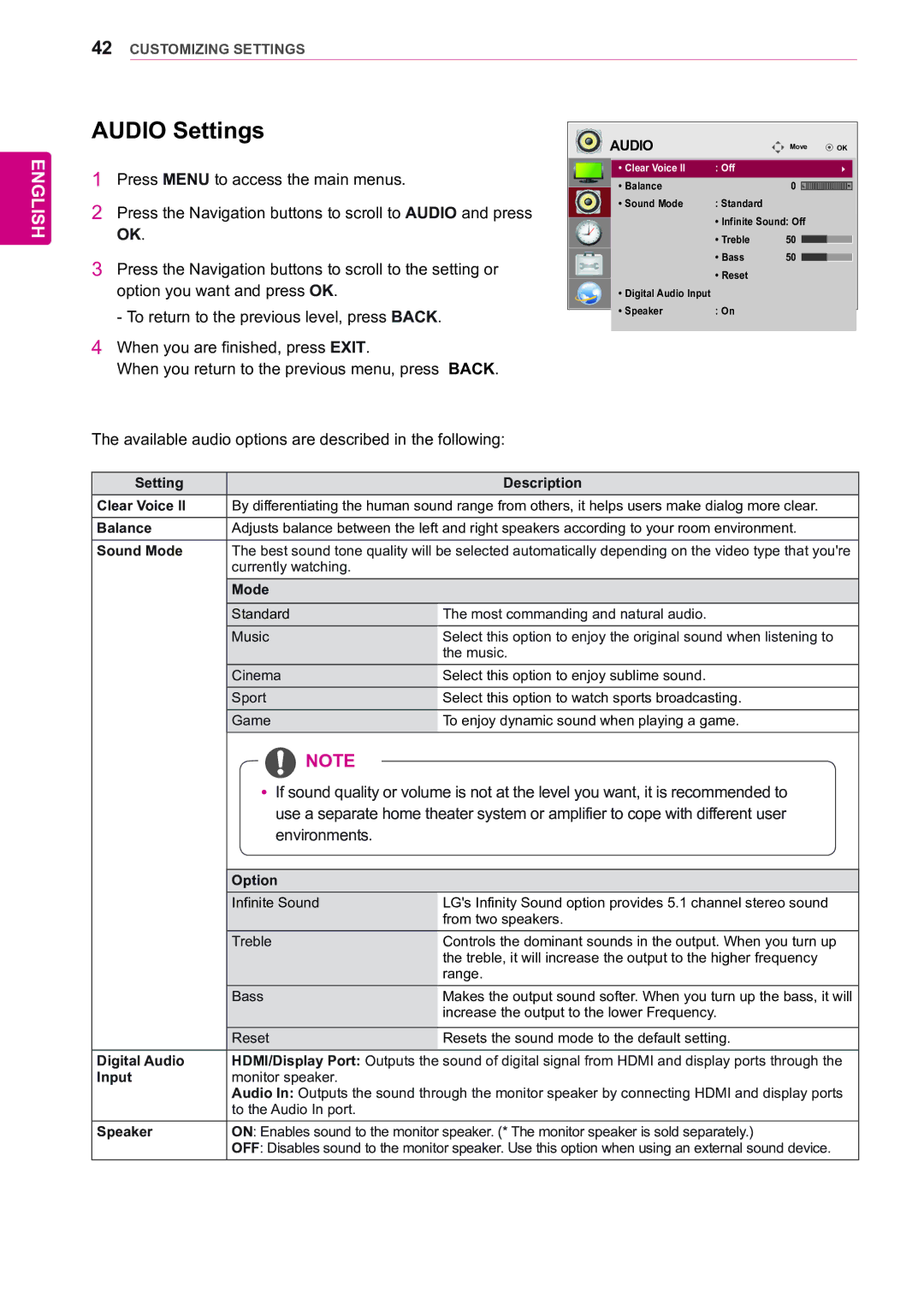 LG Electronics 47WX50MF owner manual Audio Settings 