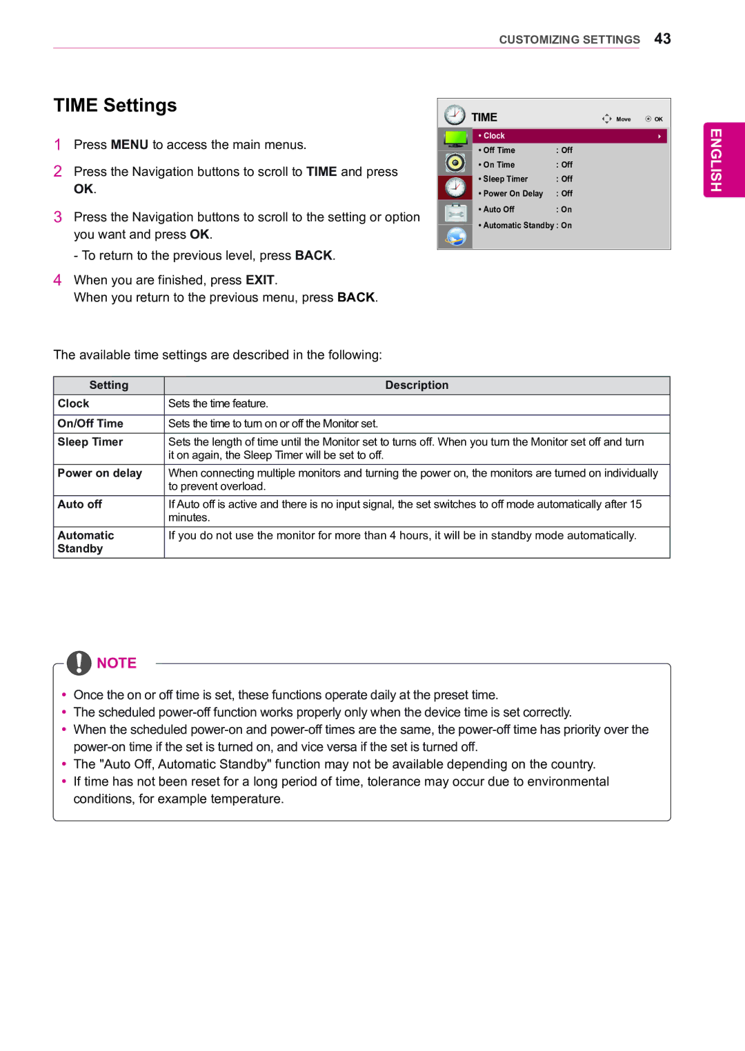 LG Electronics 47WX50MF owner manual Time Settings 