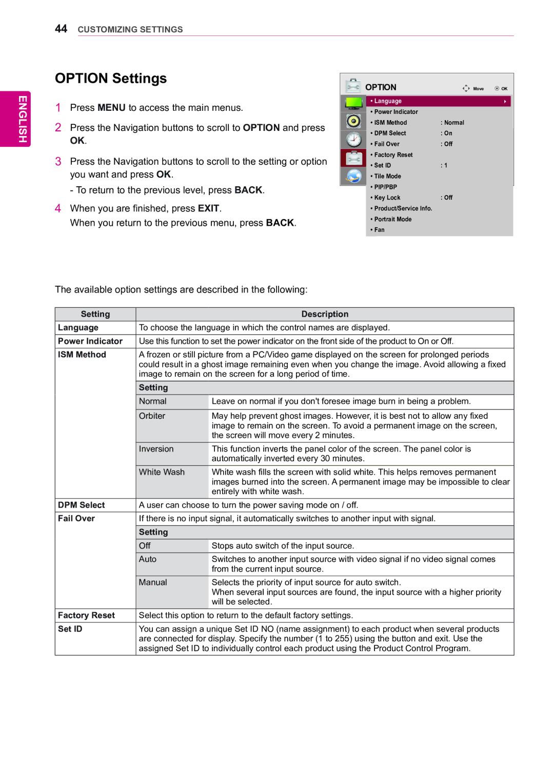 LG Electronics 47WX50MF owner manual Option Settings 